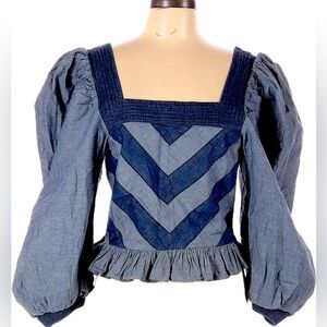 ANTHROPOLOGIE LOVE THE LABEL SMOCKED PUFF-SLEEVE BLOUSE IN DENIM